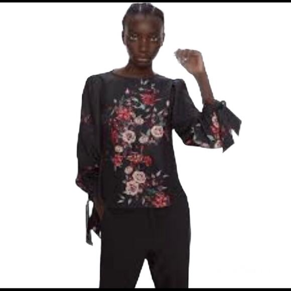 Zara black floral print top with ties at sleeve size XS - Picture 2 of 5